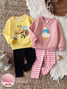 SHEIN Babygirl Cute Casual Knit Cartoon Pattern Sweatshirt & Elastic Waist Long Pants 4pcs Set - Pink - View 3