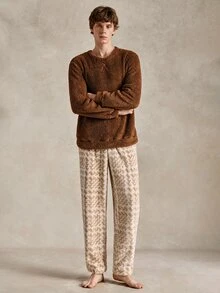EverLounge Men's Autumn/Winter Minimalist Basic Fashion Comfortable British Style Brown Double-Sided Fleece Loungewear Top - Brown - View 5