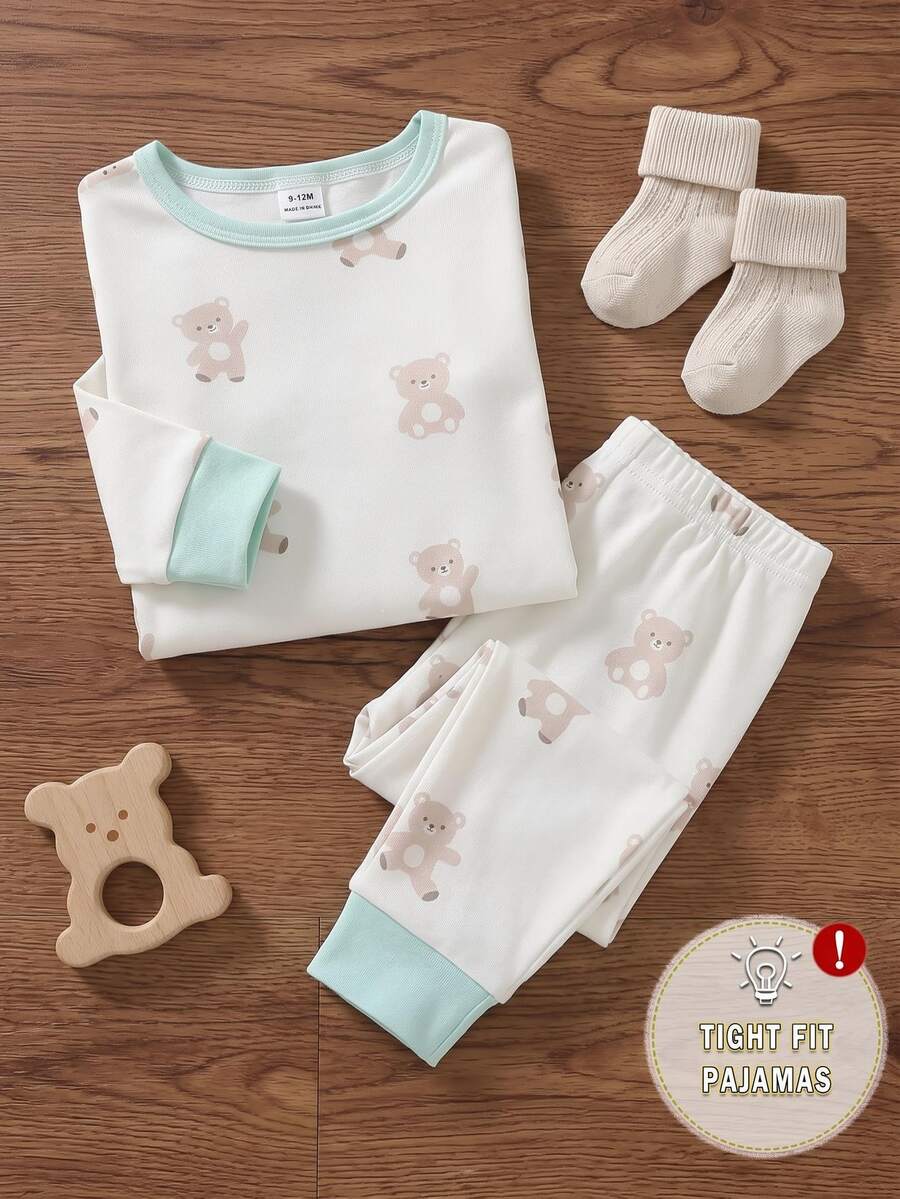 Baby Boys Spring/Autumn Cartoon Bear Print Random All-Over Print Crew Neck Long Sleeve Top And Elastic Waist Long Pants Snug Fit Loungewear - Multicolor - View 1