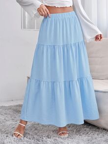 SHEIN PETITE 女款素色百褶休閒百搭日常穿著裙 - 淺藍色 - 查看 6