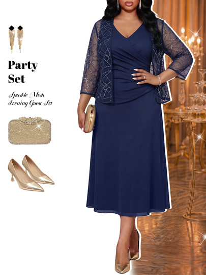 Fleurora Plus Size Elegant Party Sequin Mesh Jacket & Dress 2 Pieces Set