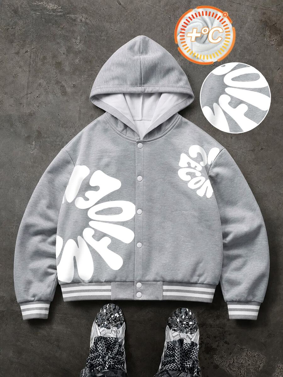 SHEIN 秋冬款男童單件夾克,連帽設計搭配花朵字母裝飾,前襟按扣,羅紋袖口與下擺,寬鬆版型棒球夾克,時尚優雅男童外套 - 灰色 - 查看 1