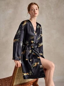 EverLounge Leopard Print Faux Silk Women's Long Sleeve Robe - Black - View 1