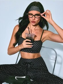 SHEIN Sovereign Charm 1pc + Regular Strap + Printed Basic Style/Black With White Dots + Sports Bra + Fitness/Yoga - Black and White - View 1