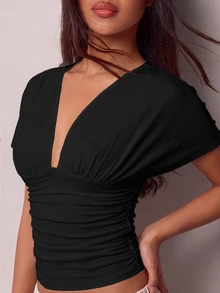 COSMINA Women's Casual Versatile Solid Color Deep V-Neck T-Shirt - Black - View 5