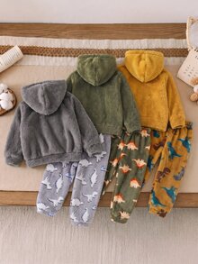 SHEIN 小男孩冬季卡通刺繡恐龍圖案圓領標準肩長袖上衣與長褲 柔軟舒適雙面法蘭絨睡衣套裝 2件組 - 彩色 - 查看 2