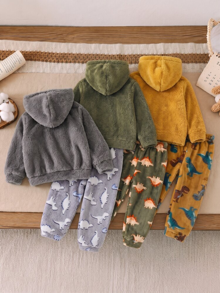 SHEIN Young Boy Winter Cartoon Embroidered Dinosaur Pattern Crew Neck Regular Shoulder Long Sleeve Top And Long Pants Soft Comfortable Double-Sided Flannel Pajama Set 2pcs - Multicolor - View 2