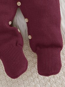 Cozy Pixies Romper Rajut Musim Gugur untuk Bayi Baru Lahir, Motif Patchwork Bertekstur, Blok Warna, Garis-garis, Kerah, dan Pola Beruang Kartun - Burgundy - View 5
