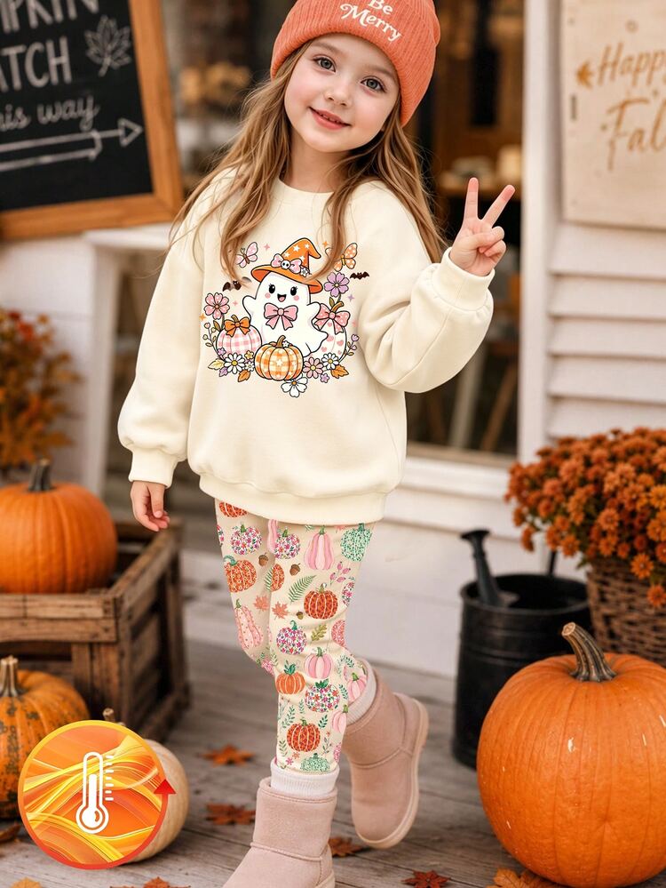 Girls 2-Piece Set, Cute Halloween Country Style Pumpkin & Floral Pattern, Playful Ghost Print; Girls Casual Minimalist Crew Neck Sweatshirt With Digital Print Leggings, Suitable For Holiday And Autumn Atmosphere, Casual Minimalist, Comfortable And Fashionable, All-Season Wear - Multicolor - View 1
