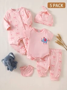 SHEIN Pink Bow Love Print Cute Newborn Autumn 5-Piece Gift Set Including Jumpsuit, Hat, Gloves, Pants Long Sleeves Family Pastel Pink Light Pink - Pink - View 1