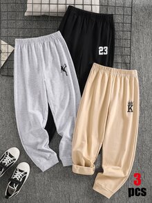 SHEIN 買2送1 童裝大童男孩休閒運動 23圖案 黑灰色卡其色保暖內裡加厚運動長褲多件套裝，適合秋冬、學校、家庭聚會、度假、派對、秋季穿搭、冬季穿搭 - 彩色 - 查看 3