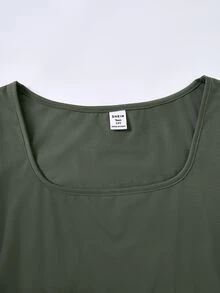 SHEIN 青少年女孩休閒極簡風橄欖綠方領抓皺腰短袖T恤寬鬆長褲套裝，萬聖節、秋季、Y2K、聖誕節 - 綠色 - 查看 4