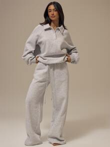 MUSERA ESSENTIALS Grey Collared Neck Ribbed Waistband Cuffed Sleeve Slouchy Sweatshirt Top Basics Loungewear Casual Everyday Essentials - Grey - View 2