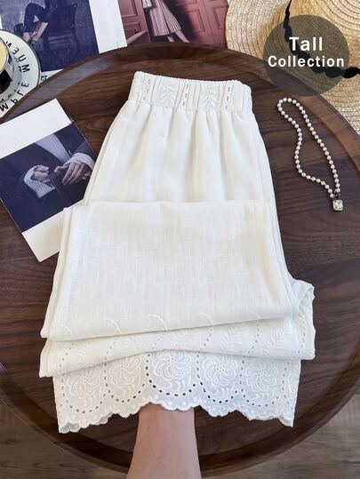 SHEIN Tall بنطلون طويل أبيض منسوج بخصر عالي وساق مستقيمة مطرز بزهور عتيقة بأسلوب بوهيمي ملابس صيفية للشاطئ والعطلات للنساء