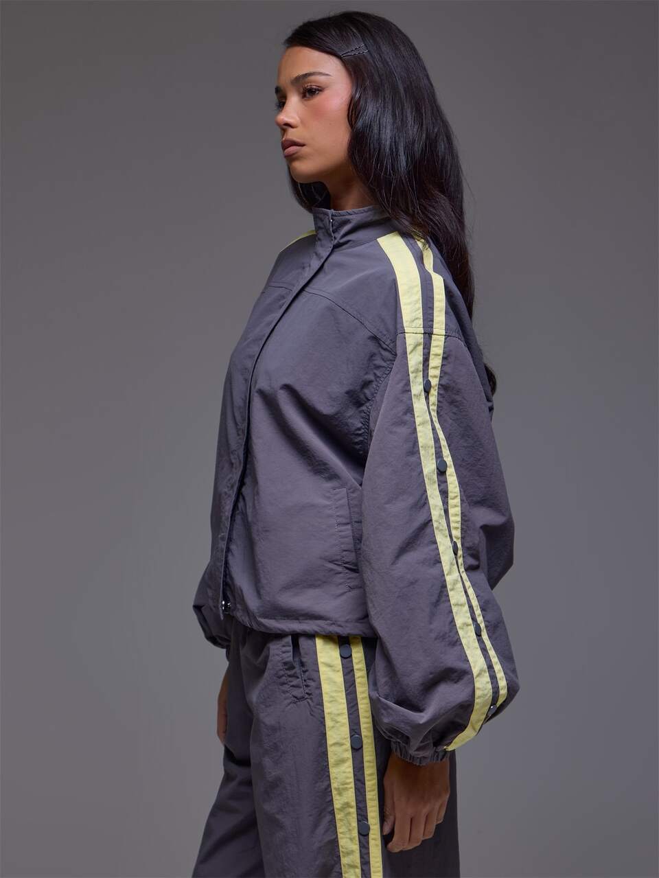 Grey Shell Yellow Contrast Stripe Detail Button Up Jacket