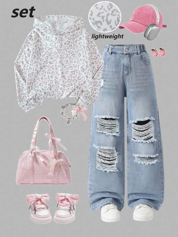 Girls' Denim Set, Spring/Autumn New Y2K Style, Pink+Grey Leopard Print All-Over Print, White Hoodie & Elastic Waist Design, Distressed Raw Edge Combined With Snow Wash Process, Light Blue Denim Straight Leg Wide Leg Pants, Loose Fit, Fashionable, Soft And Comfortable Fabric, Suitable For Daily Wear, Spring/Autumn New Girls' Denim