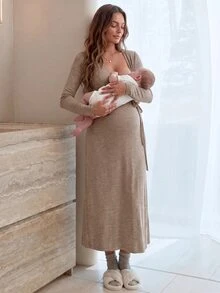 Slowluna 哺乳休閒前綁帶長袖洋裝 - 卡其色 - 查看 3
