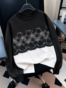 Modelyn 秋冬對比蕾絲圓領寬鬆落肩長袖上衣，小眾設計修身女款衛衣 - 彩色 - 查看 7