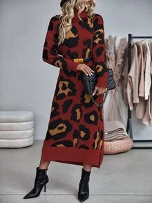 Elafinee 女款休閒豹紋高領針織洋裝，秋冬款 - 彩色 - 查看 6