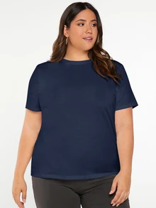 SHEIN BASICS Plus Solid Round Neck Tee Summer Tops - Navy Blue - View 4