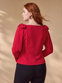 MOTF PREMIUM PLUS SIZE WOMEN'S BOWKNOT DECOR SWEETHEART NECKLINE TOP FALL - Red - View 5
