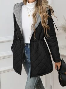 SHEIN Clasi 女款純色保暖內裡拉鍊休閒百搭長袖夾克 日常旅行穿搭 黑色 秋季 - 黑色 - 查看 5
