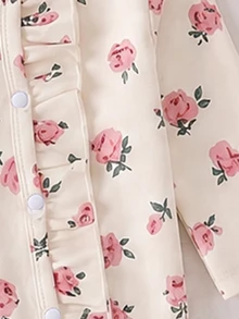 Newborn Home Jumpsuit, Sweet Ditsy Floral Print, Soft Skin-Friendly Fabric, Round Neck Full Snap Button, Long Sleeve Footed Crawler, Suitable For Home, Sleep And Outings In Spring And Autumn - Multicolor - View 4
