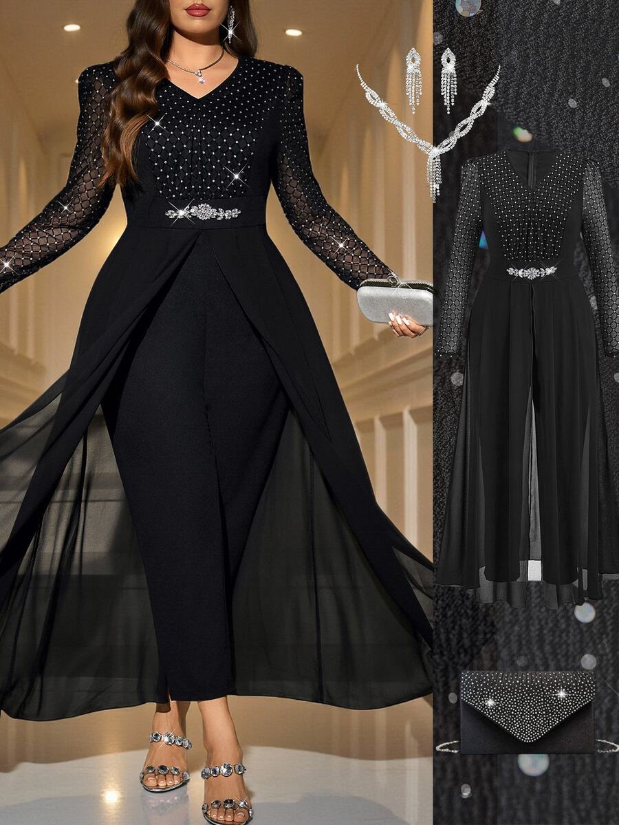 Reflora Jumpsuit nữ size lớn cổ chữ V tay dài ống rộng thanh lịch đính đá lưới - màu đen - Xem 1