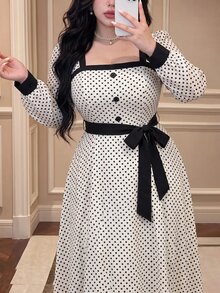 Vibekara New Elegant Fashion Minimalist Commuter Style Long Sleeve Square Neck Dress, Vacation Polka Dot Element Patchwork Contrast Color Dress With Belt Fall - Multicolor - View 4