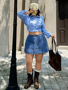 Rivivi Summer New Loose Plus Size Women's Double-Breasted Denim Mini Skirt - Blue - View 7