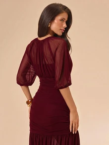 SHEIN BAE Gaun Pesta Wanita Elegan Berwarna Polos - Burgundy - View 2