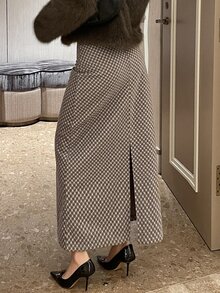 DAZY Women's Plaid Long Elegant Fashionable Skirt Fall - Khaki - View 5