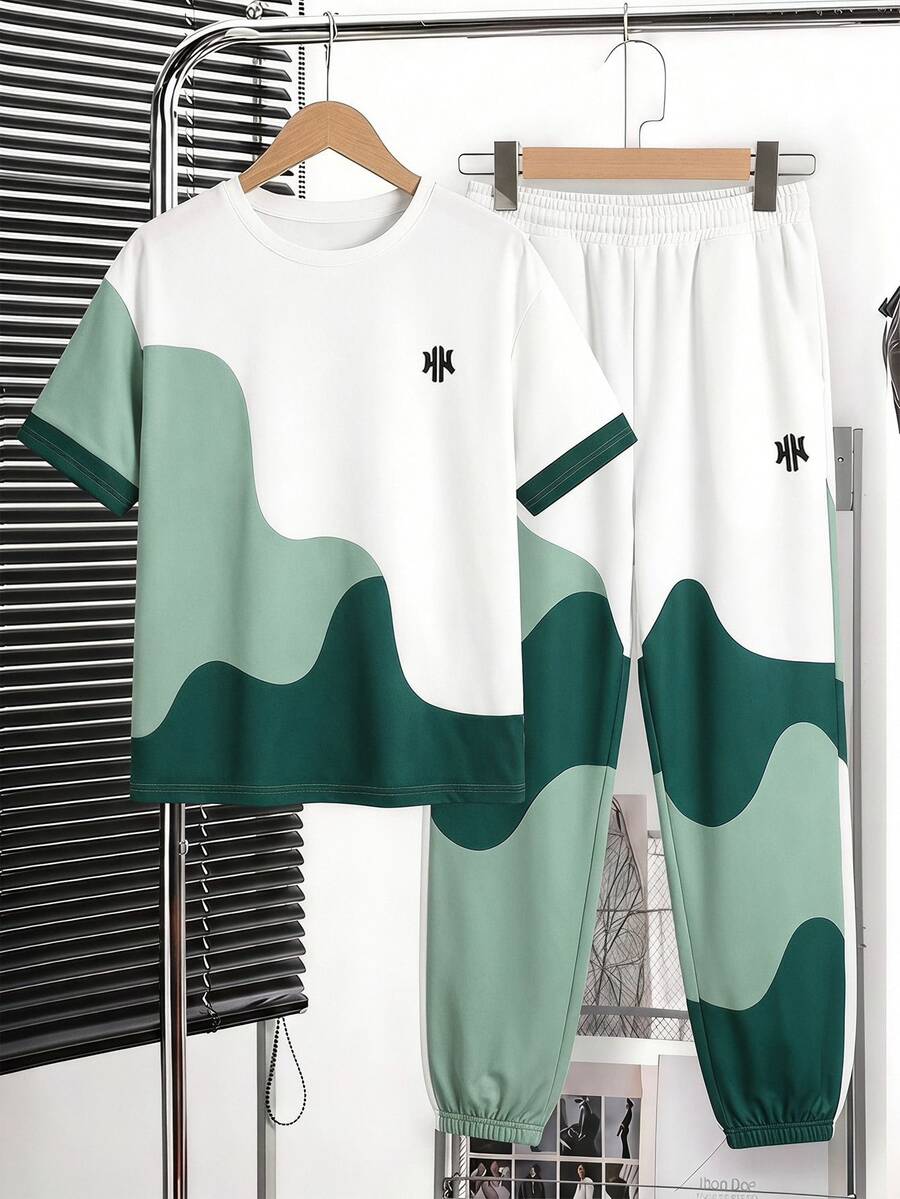 Tween Boy Casual Comfortable Kids Fashion Minimalist Round Neck Short Sleeve Long Pants T-Shirt Set, Cartoon Pattern - Multicolor - View 1