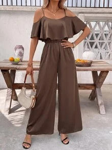 SHEIN Clasi 女款純色荷葉邊露肩時尚連身褲，度假穿搭 - 咖啡棕 - 查看 7