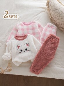 SHEIN Vintaside Kids 女嬰冬季圓領長袖法蘭絨可愛卡通貓刺繡衛衣 格紋長褲 抓皺袖口 甜美風舒適毛茸多件套裝 適合寒冷天氣日常出遊休閒旅行 - 粉色 - 查看 3