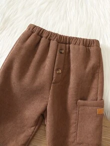 SHEIN 男嬰彈性腰頭保暖內裡休閒百搭日常穿著長褲 - 棕色 - 查看 6