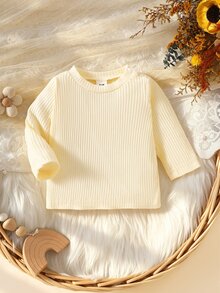 SHEIN تي شيرت طويل الأكمام مضلع كاجوال متعدد الاستخدامات للرضع للجنسين لفصلي الربيع/الخريف - لون مشمشي - مشاهدة 2