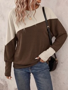SHEIN LUNE Women's Colorblock Patchwork Batwing Sleeve Sweatshirt - Brown - View 5
