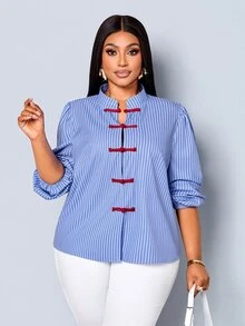 SOLERSUN Plus Size Women's Fashion Casual Shirt, Long Sleeve Lantern Sleeve Stand Collar Button-Up Chinese Style Red Frog Button Blouse, Blue Fine Striped Fabric, Suitable For Daily Wear, Holiday, Commuting - Blue - View 7