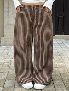 Flexra Plus Size Women's Striped Wide Leg Loose Casual 1960s Denim Jeans With Pockets Formal Vacation Brown Winter - Rust Brown - View 2