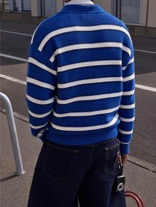 Claim Dot 男士秋冬休閒拼接條紋開襟羊毛衫 - 彩色 - 查看 2