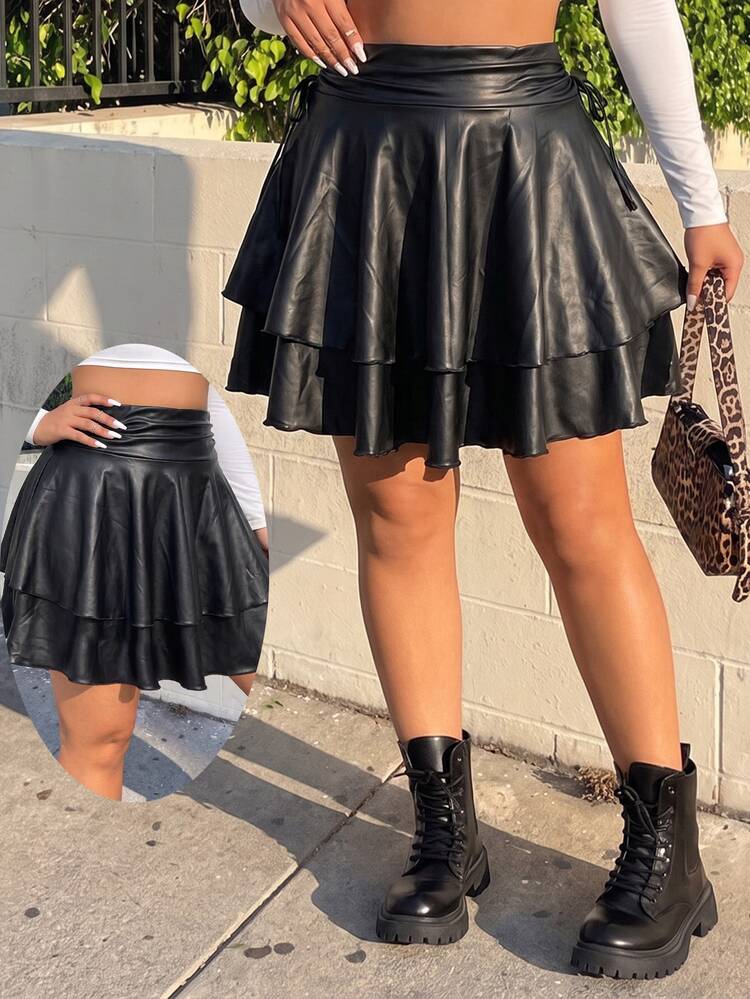 Muchica Plus Size Women's Black Faux Leather Mini Skirt With Built-In Shorts And Pockets - Autumn Style - Black - View 1