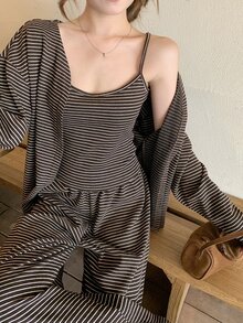 DAZY Women's Striped Long Sleeve Cardigan, Camisole And Pants Casual Set - Brown - View 1