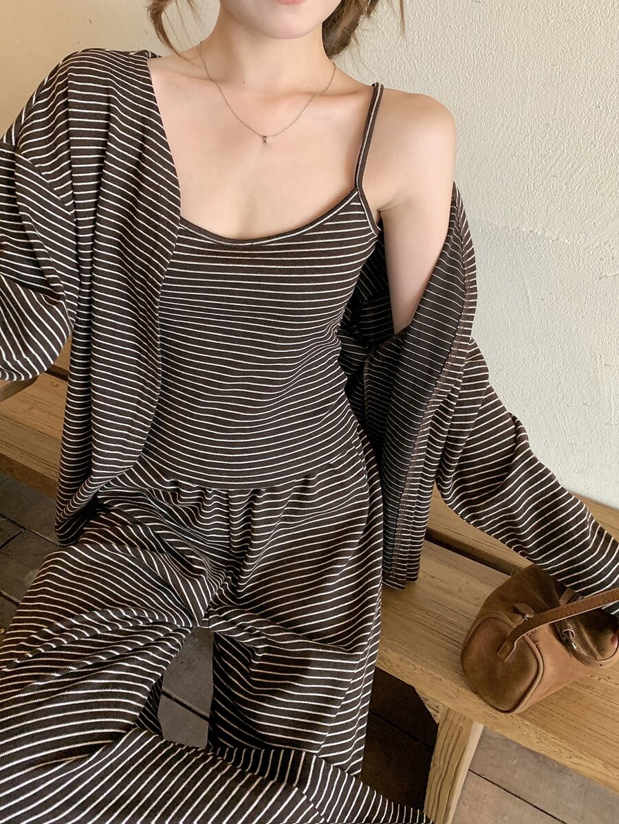 DAZY Women's Striped Long Sleeve Cardigan, Camisole And Pants Casual Set - Brown - View 1