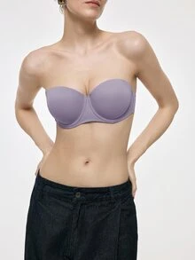 SHEIN 淡紫色鋼圈模杯聚攏胸罩，提拉支撐、防滑、無肩帶、隱形舒適女款巴爾科內式內衣 - 紫色 - 查看 3