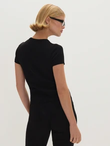 MUSEYN Black Knit Button Up Short Sleeve Fitted Top - Black - View 5