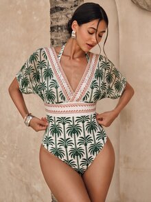 Swim Chiccia Women's South American BOHO Pattern Print Boho Mesh Tummy Control One-Piece Swimsuit - Green - View 1
