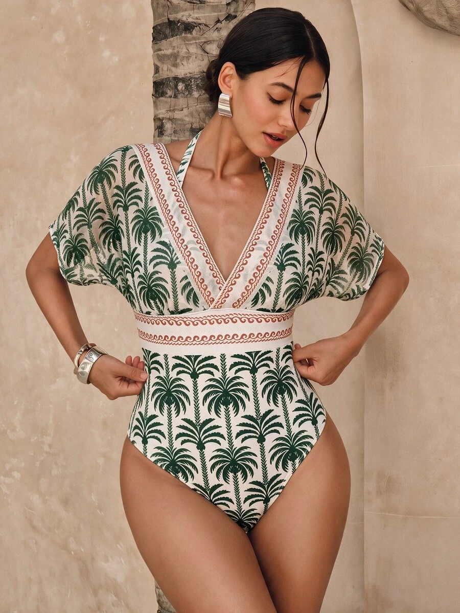 Swim Chiccia Women's South American BOHO Pattern Print Boho Mesh Tummy Control One-Piece Swimsuit - Green - View 1