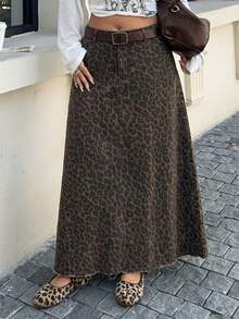 SHEIN MOD Plus Size Women's Leopard Print Pocket Casual Fashion Denim Skirt Work Outfits For Women - Brown - View 4