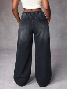 SHEIN MOD Plus Size Women's Casual Versatile Daily Travel Denim Jeans With Pocket, Button And Eyelet Decor - Black - View 2